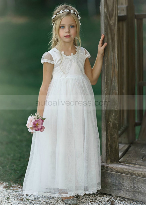 Cap Sleeve Ivory Lace Tulle Ankle Length Flower Girl Dress